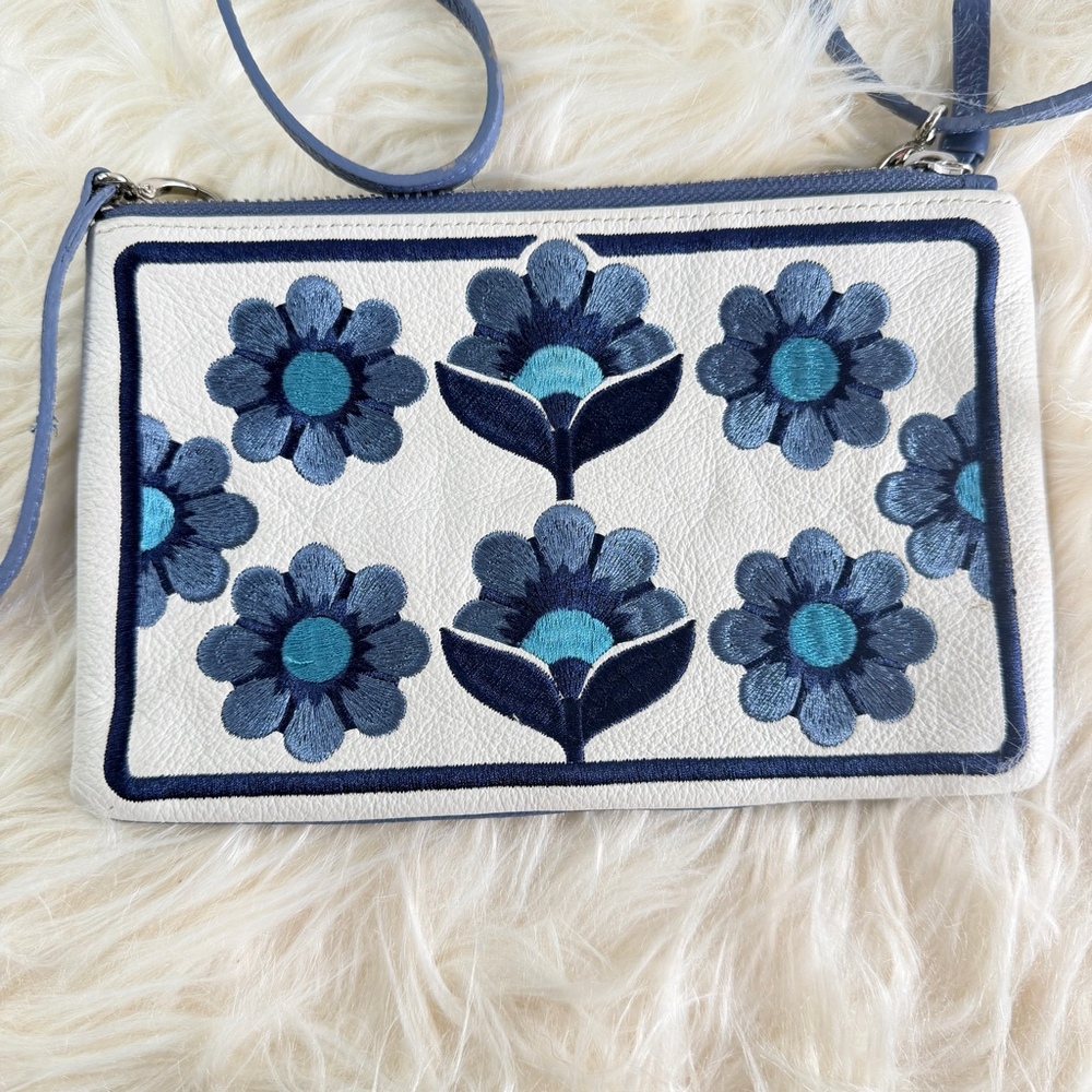 Brighton Blue Floral Embroidered Leather Crossbody Bag